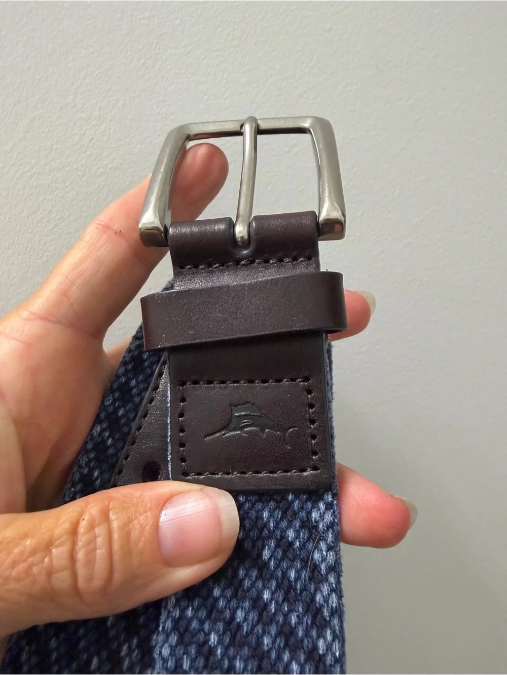 Tommy Bahama Blue Woven Belt with Brown Leather Trim